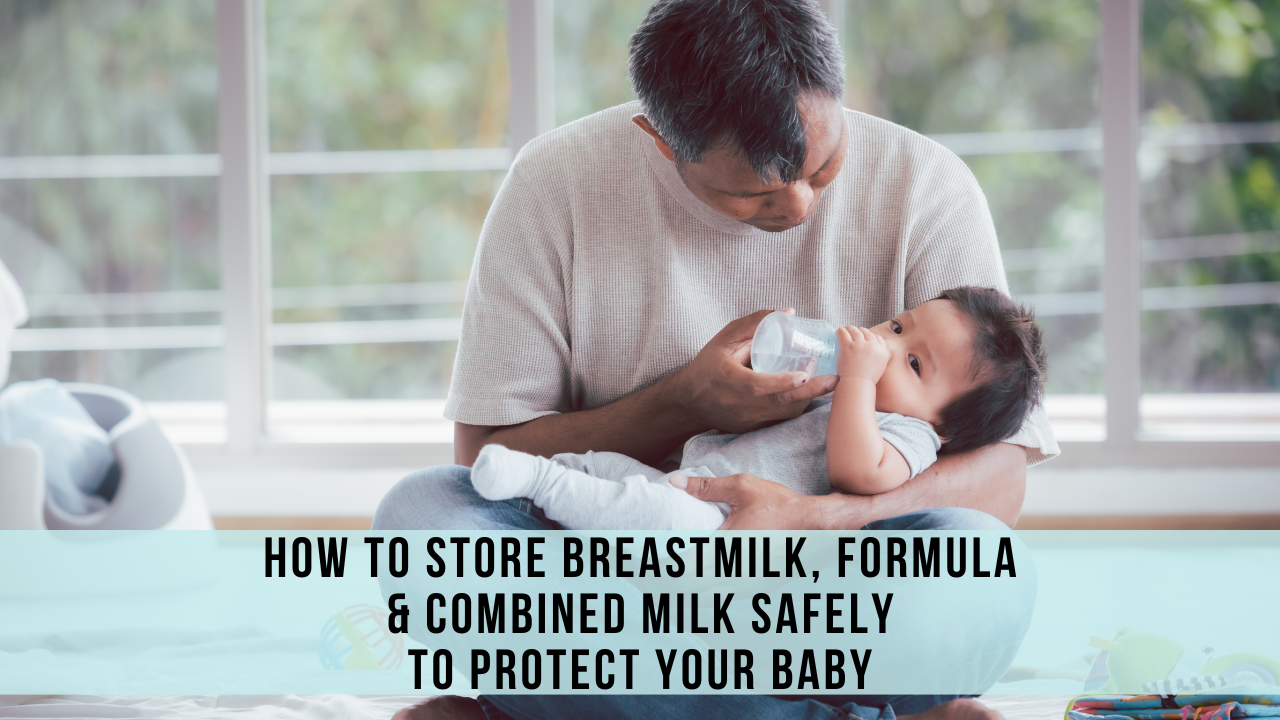 A dad safely feeds his baby a bottle of breastmilk prepared with safe storage guidelines. This is important for safe bottle feeding and keeping babies healthy. 