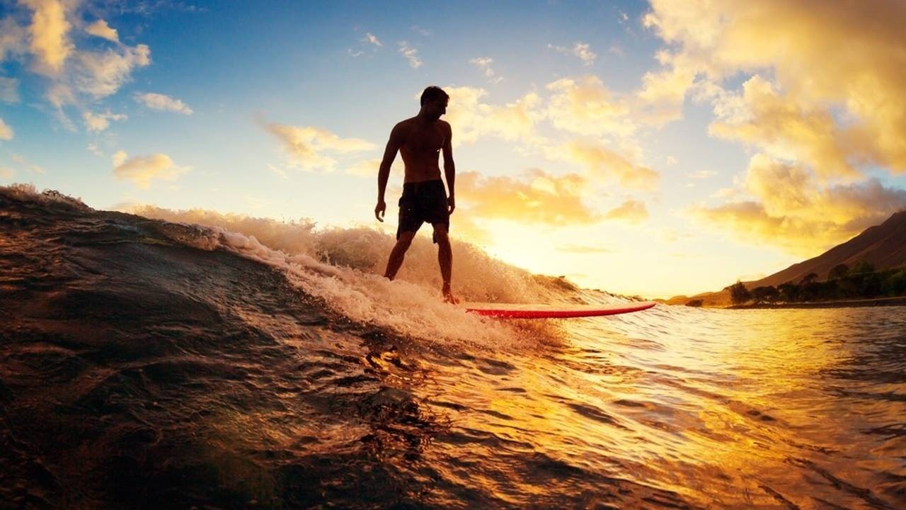 surfer riding wave sunset