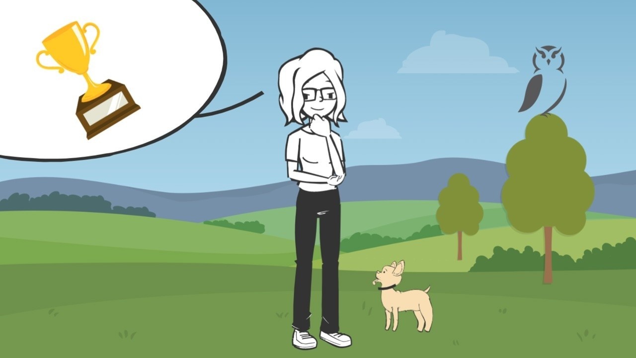 Illustration of Charis Santillie considering the idea of winning (symbolized by a trophy in a thought bubble) with her dog, Heidi, at her feet and an owl perched on a tree nearby