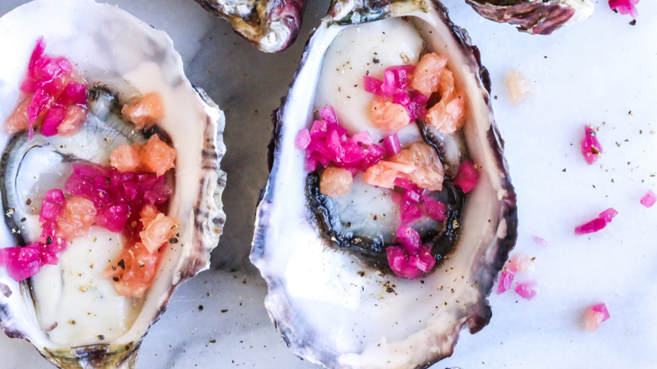 recipe oysters with grapefruit and pickled onion