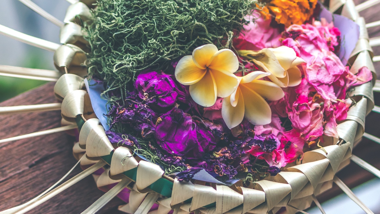 Pretty, bright-colored flowers gathered in a small round container for a ritual.