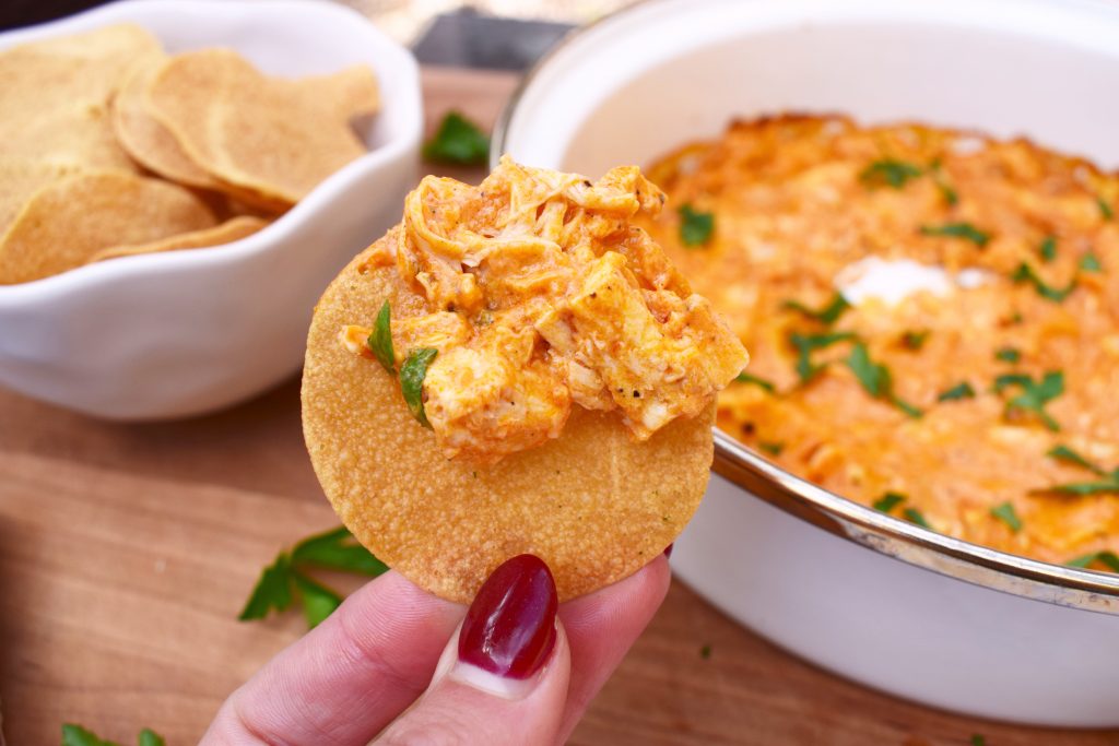 Game day food for Super Bowl, chips with buffalo chicken dip and