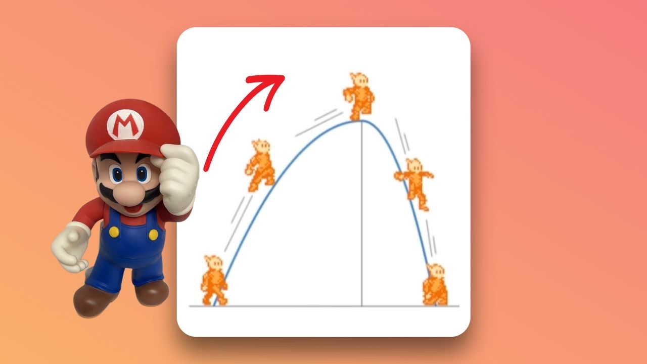 Mario posing in front of a jump curve diagram.