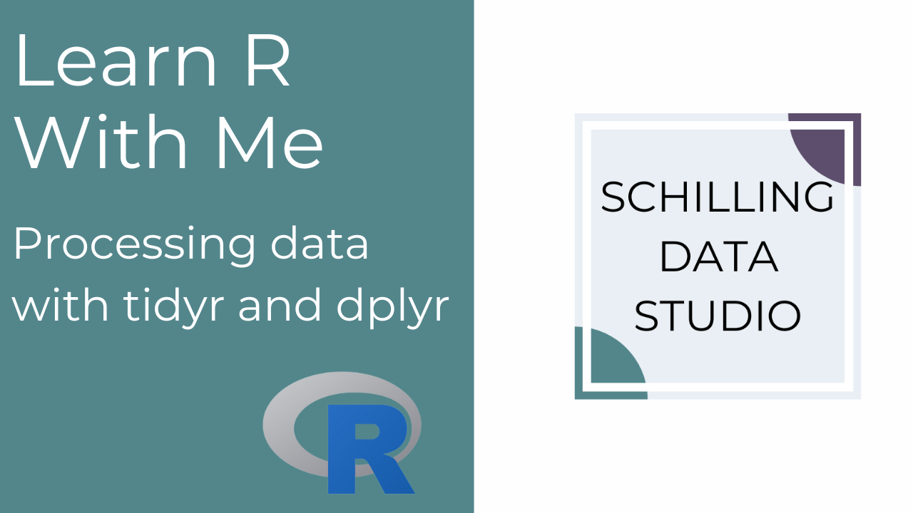 A banner image with the text Learn R With Me processing data with tidyr and dplyr and the R logo.