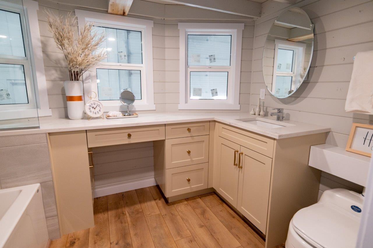 tiny house bathroom with granite countertops