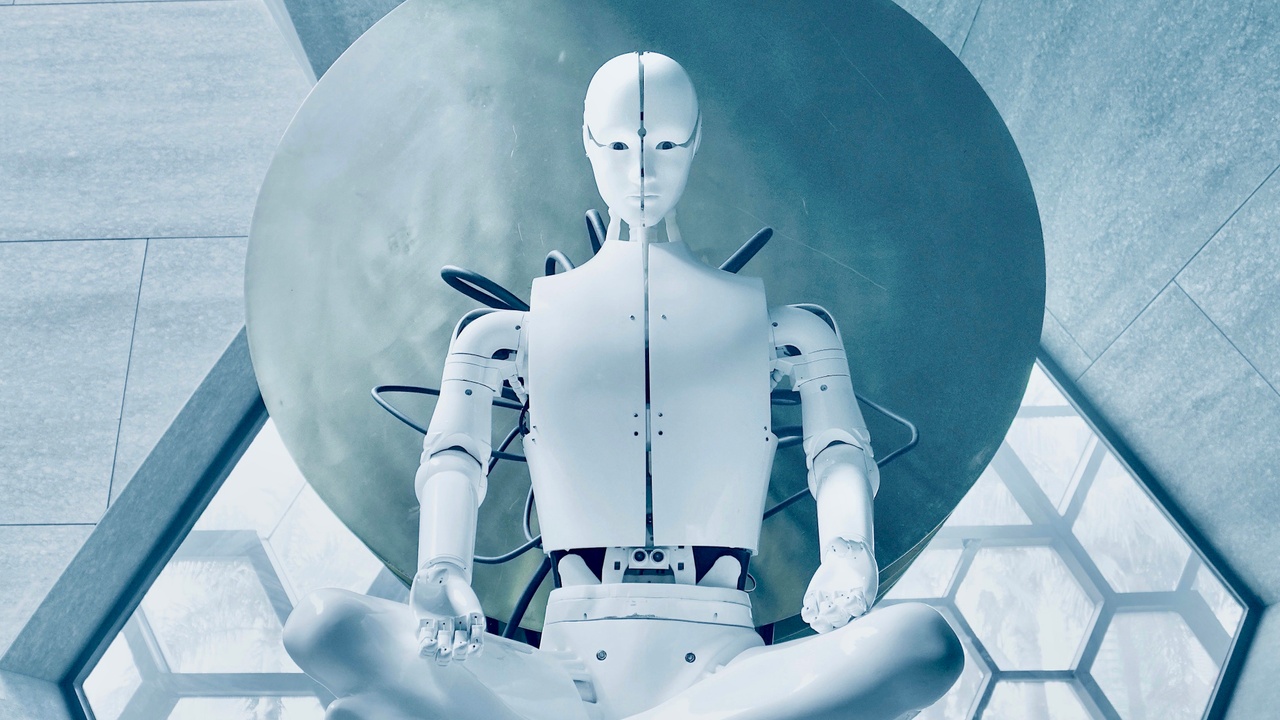 An White AI robot sitting like a zen monk in a futuristic space with bee hive looking like background and a metallic moon