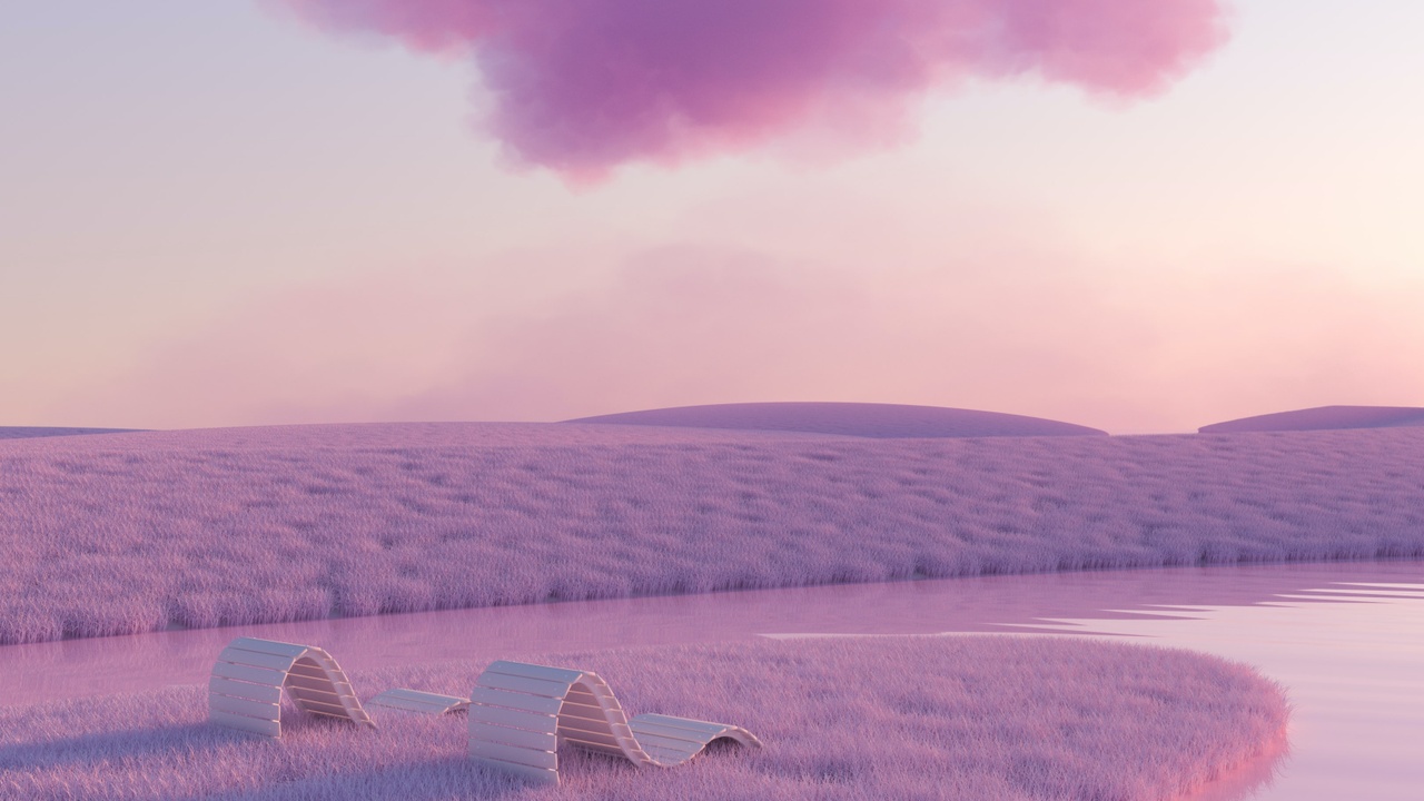 In a dreamlike outdoor setting with a lake, cloud, sky and two chairs all pained in lavender color 