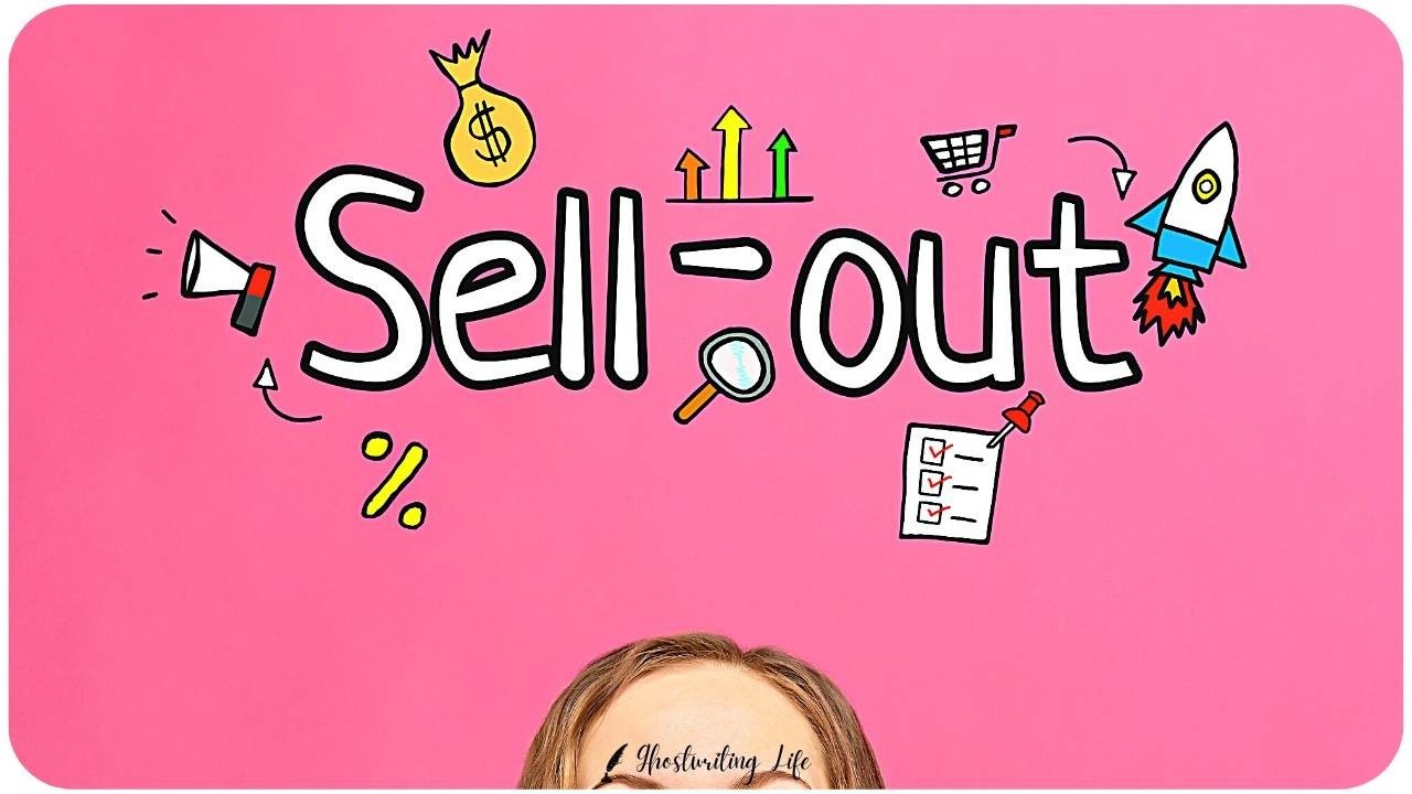 The words 'sell out' in front of a bright pink background with various graphics around it.