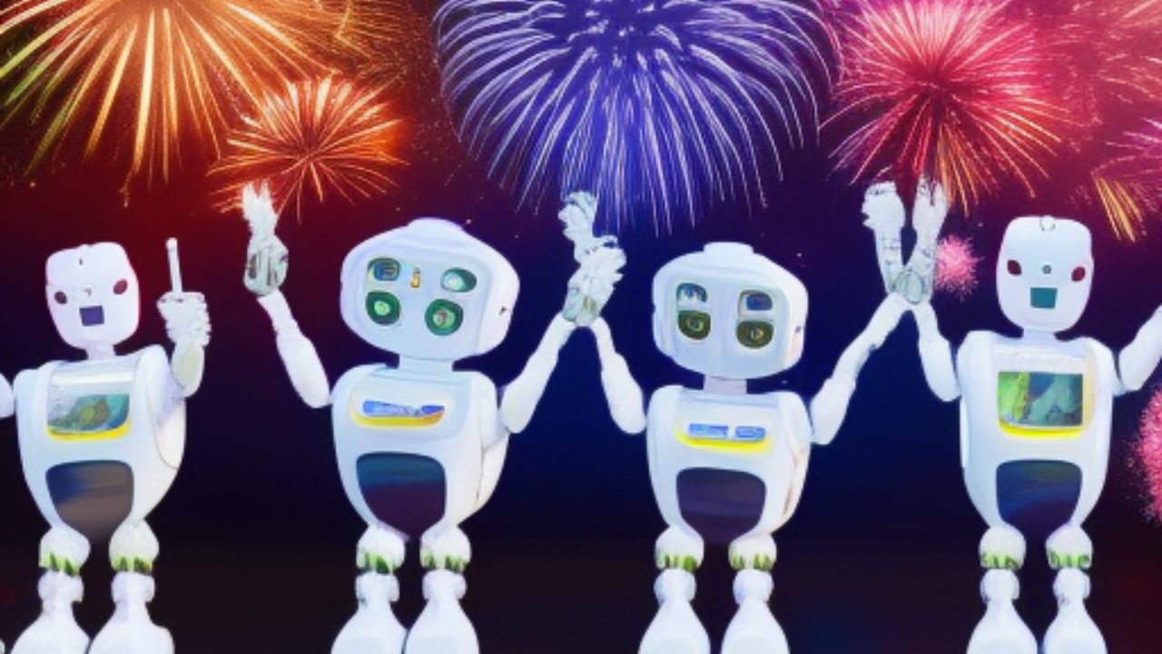 A group of robots celebrating the new year. Their arms are in the air. And there are fireworks.