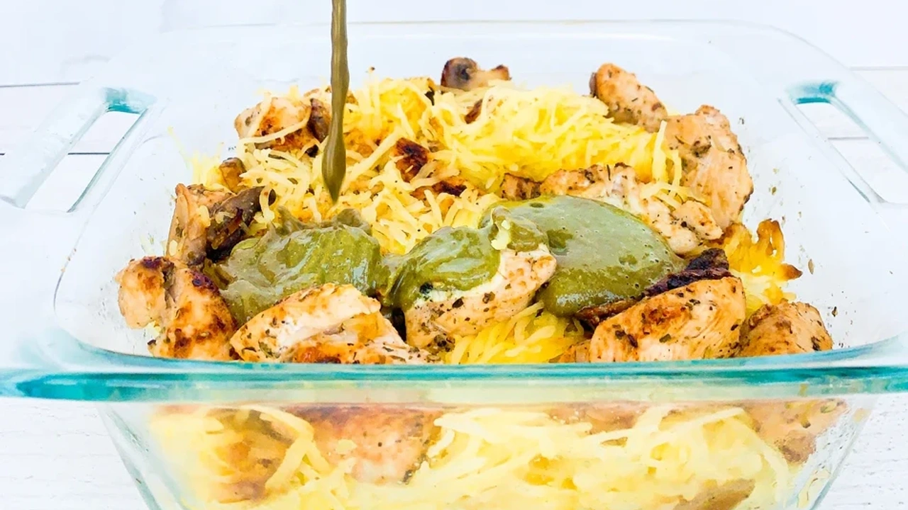 Chicken and spaghetti squash in a glass pan