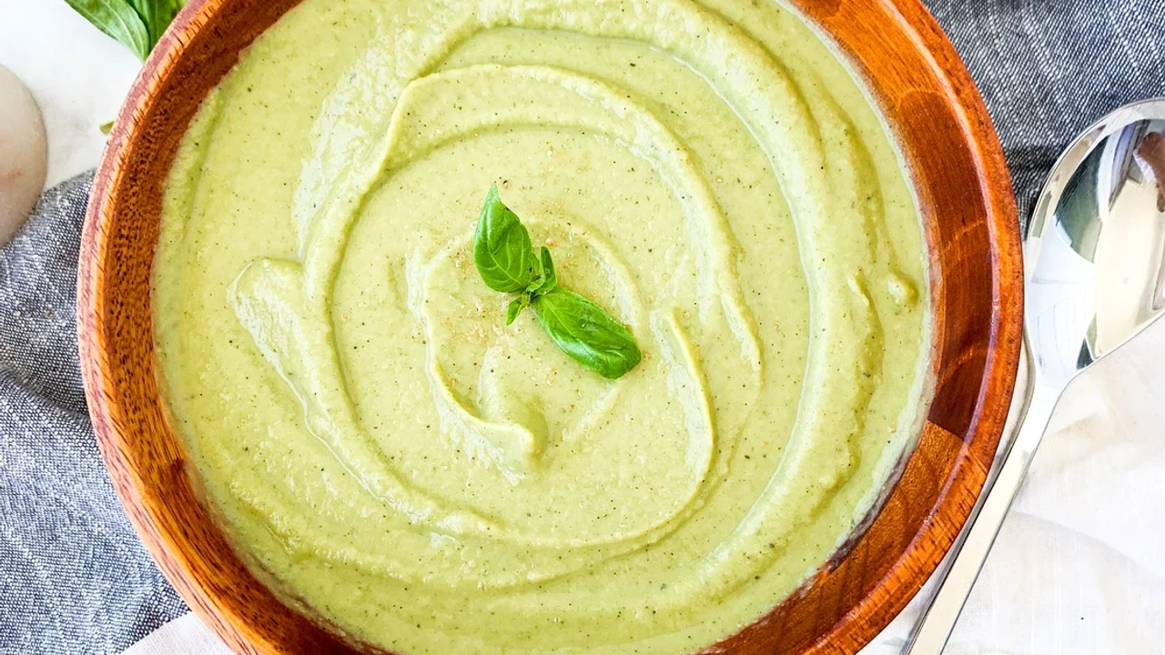 Wooden bowl of broccoli soup with garnish