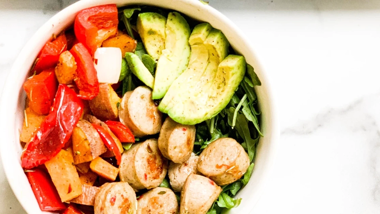 Bowl of chicken sausage and veggies