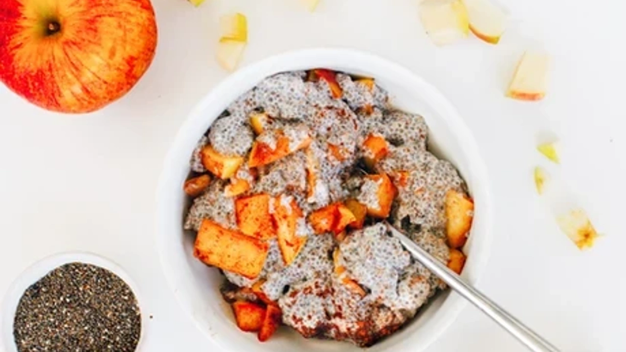 Bowl of chia seed pudding on a white table