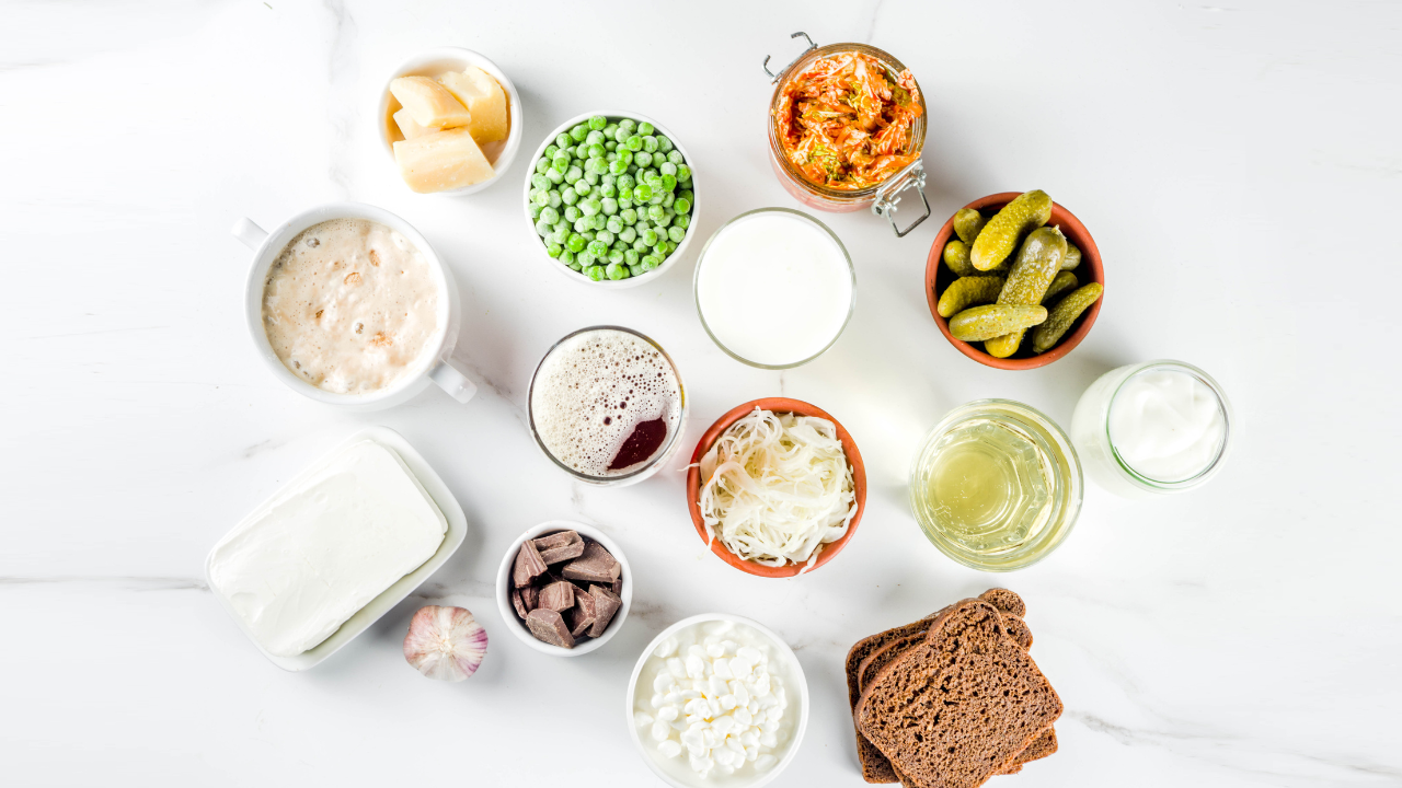 Probiotic foods on a white marble table