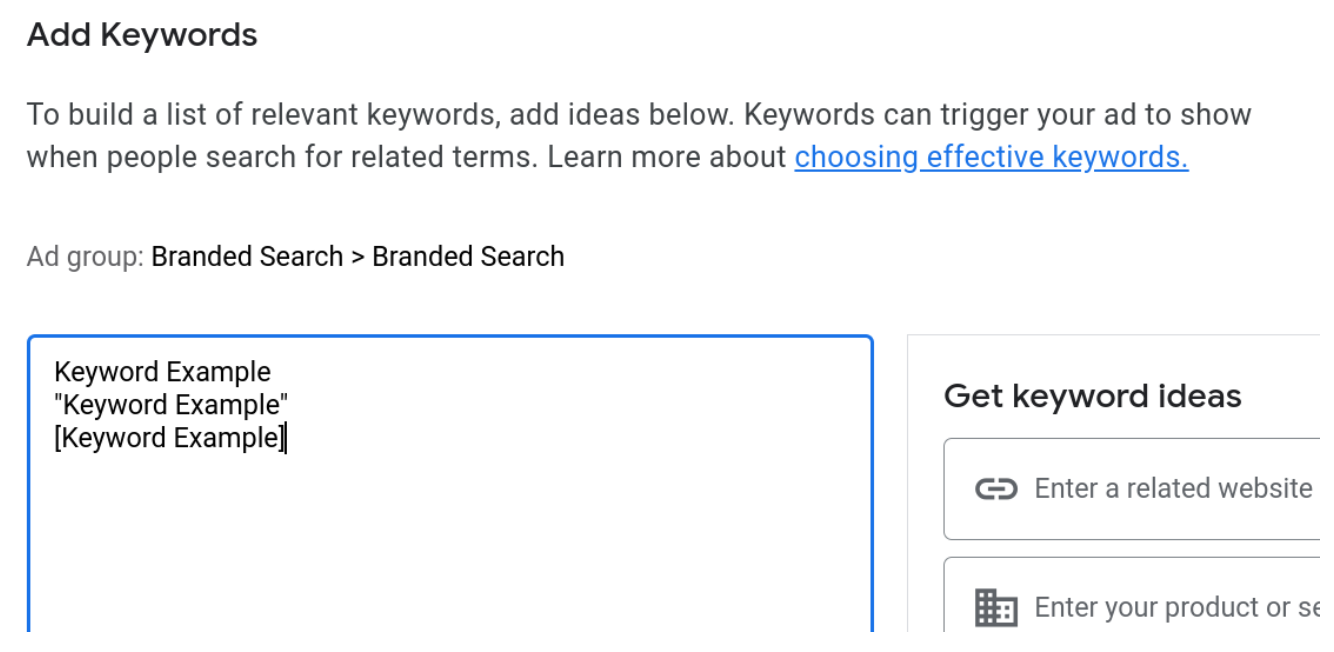 input keywords in Google Ads