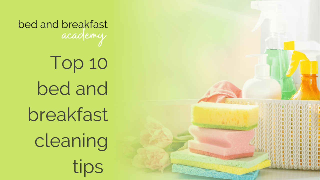 top 10 bed and breakfast cleaning tips | a pile of pastel sponges and a basket of cleaning products