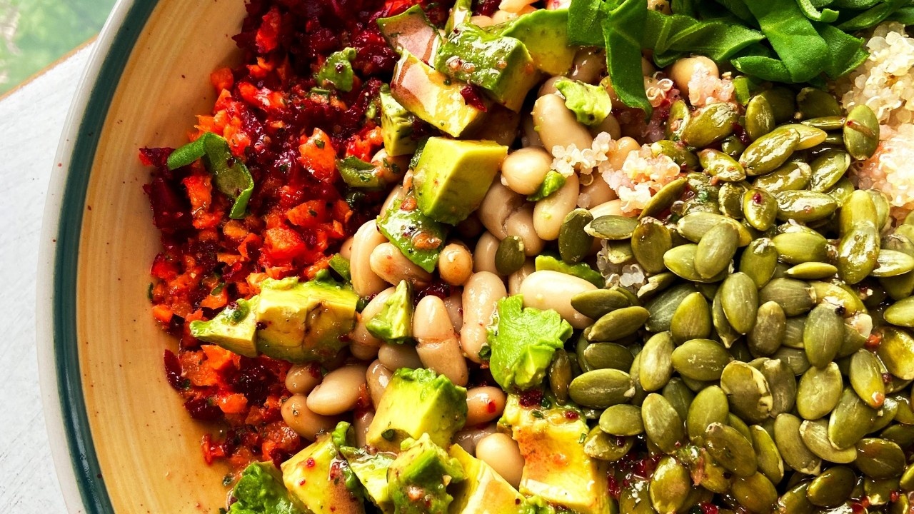 Beet, Quinoa & Bean Salad on a salad plate.