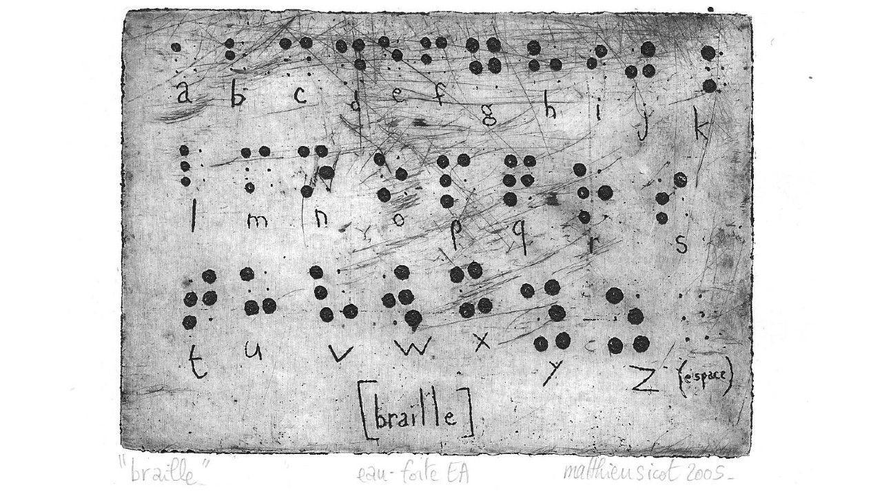 Etching of Braille dots by Matthieu Sicot from Wikimedia Commons. Used with permission.