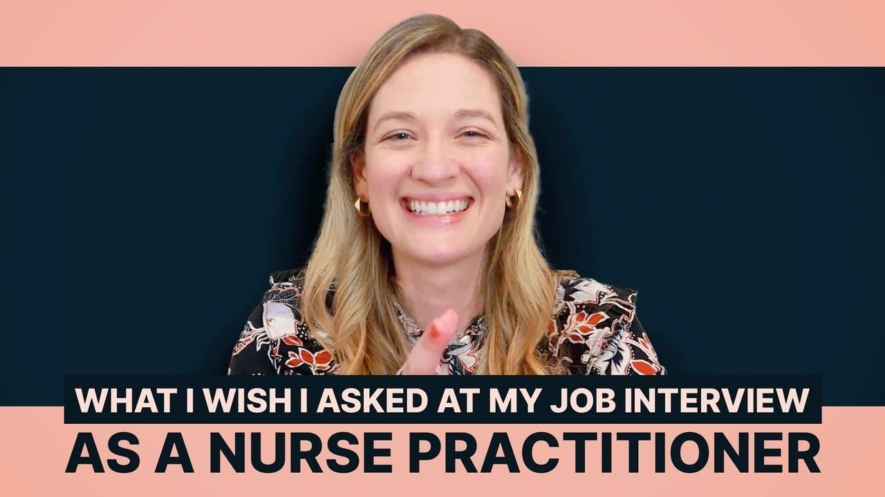 An image of a smiling woman in a dark blue background with a text What I Wish I Asked At My Job Interview As A Nurse Practitioner