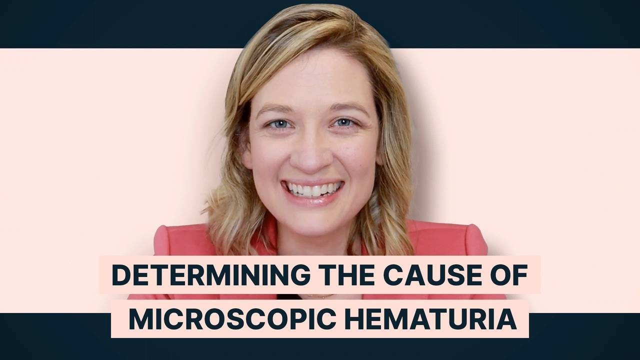 An image of a woman smiling in a light pink background with a text Determining The Cause Of Microscopic Hematuria