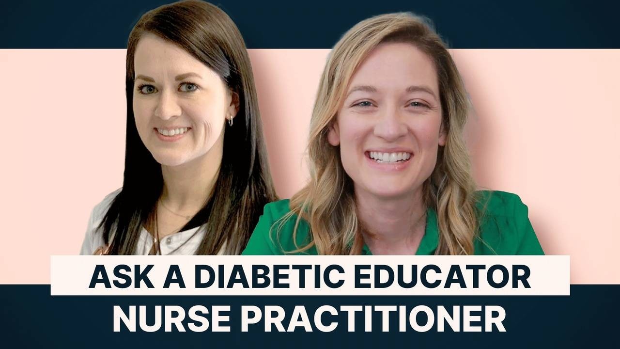 An image of two women smiling with a light pink background with a text Ask A Diabetic Nurse Practitioner.