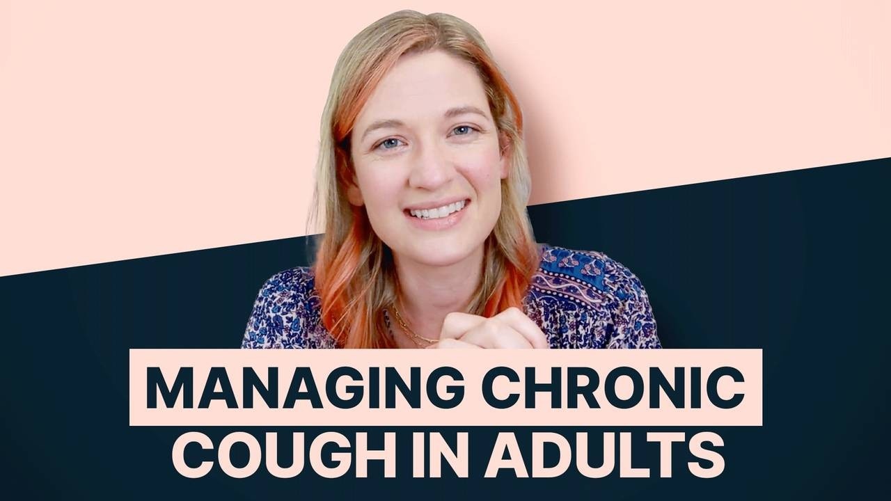 An image of smiling woman in a light pink and dark blue background with a text Managing Chronic Cough In Adults