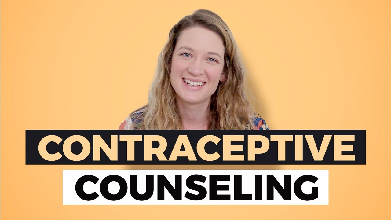 An image of a white woman smiling with a yellow background with a text Contraceptive Counseling