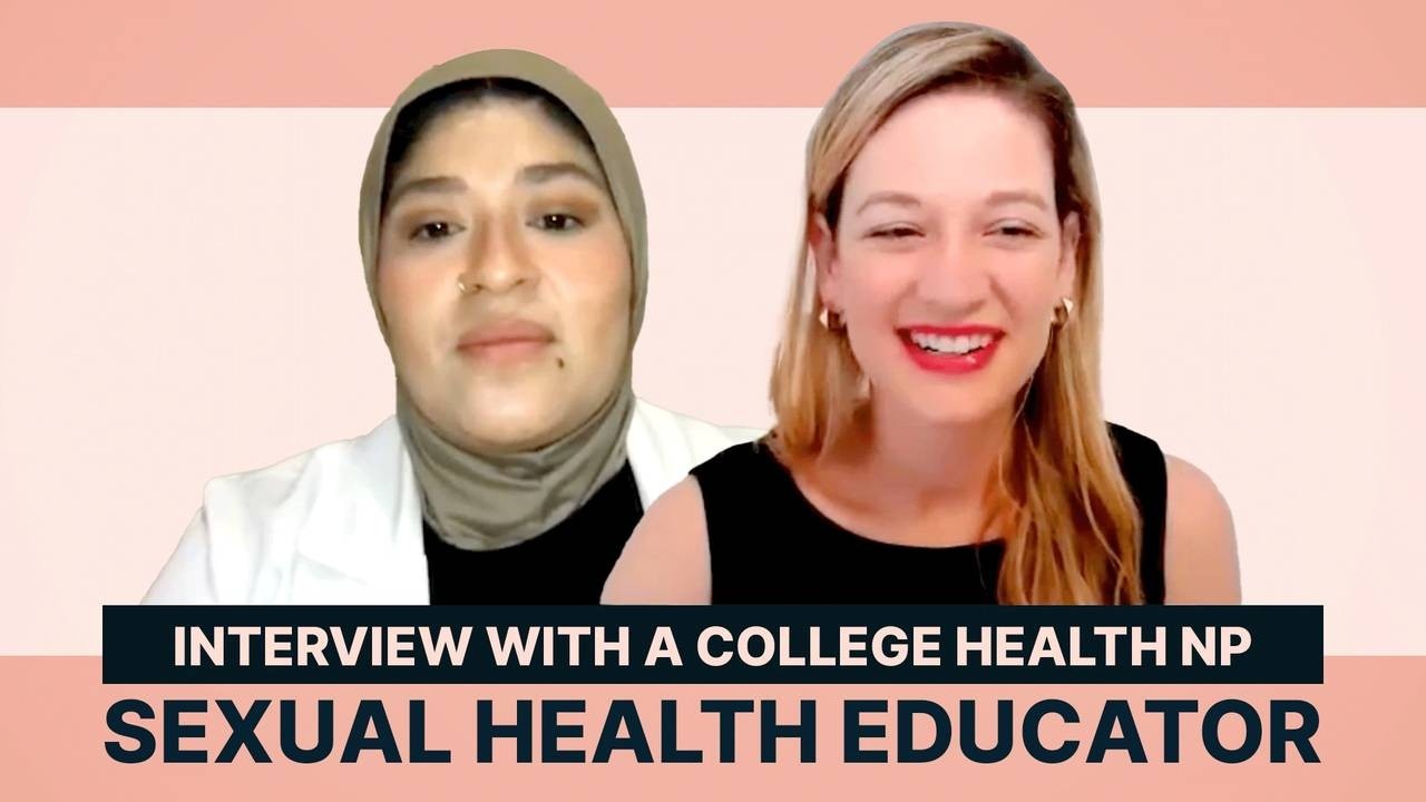 An image of two women smiling in a light pink background with a text Interview With A College Health NP Sexual Health Educator