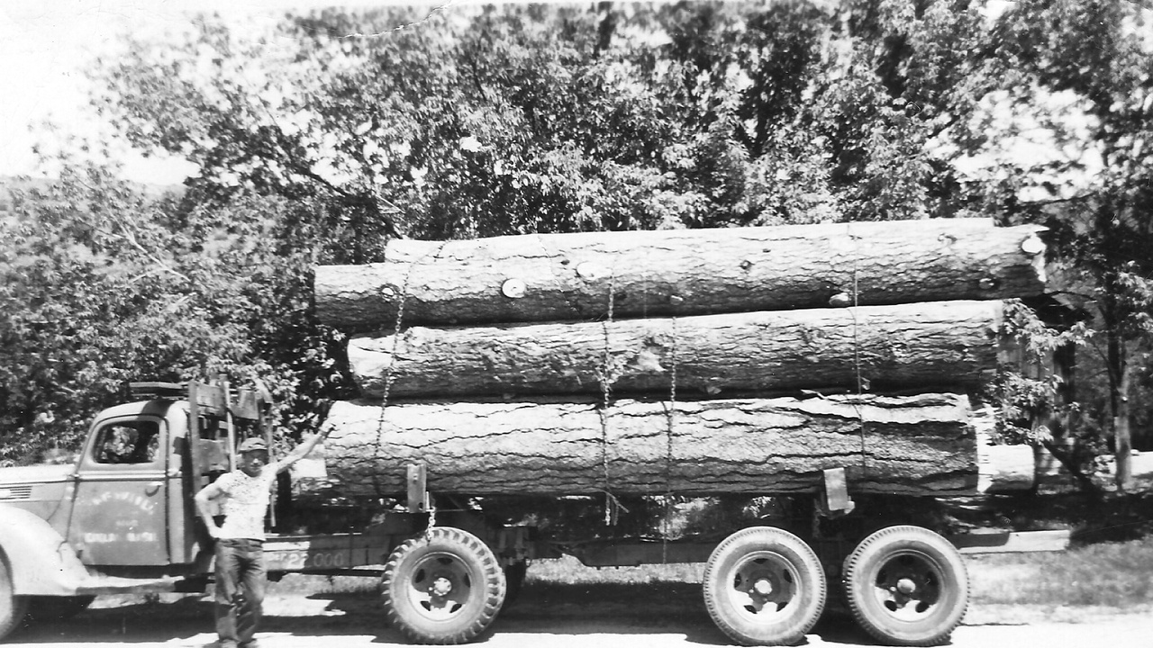 My maternal grandfather, T. Thompson, standing with his logging truck in 1943.