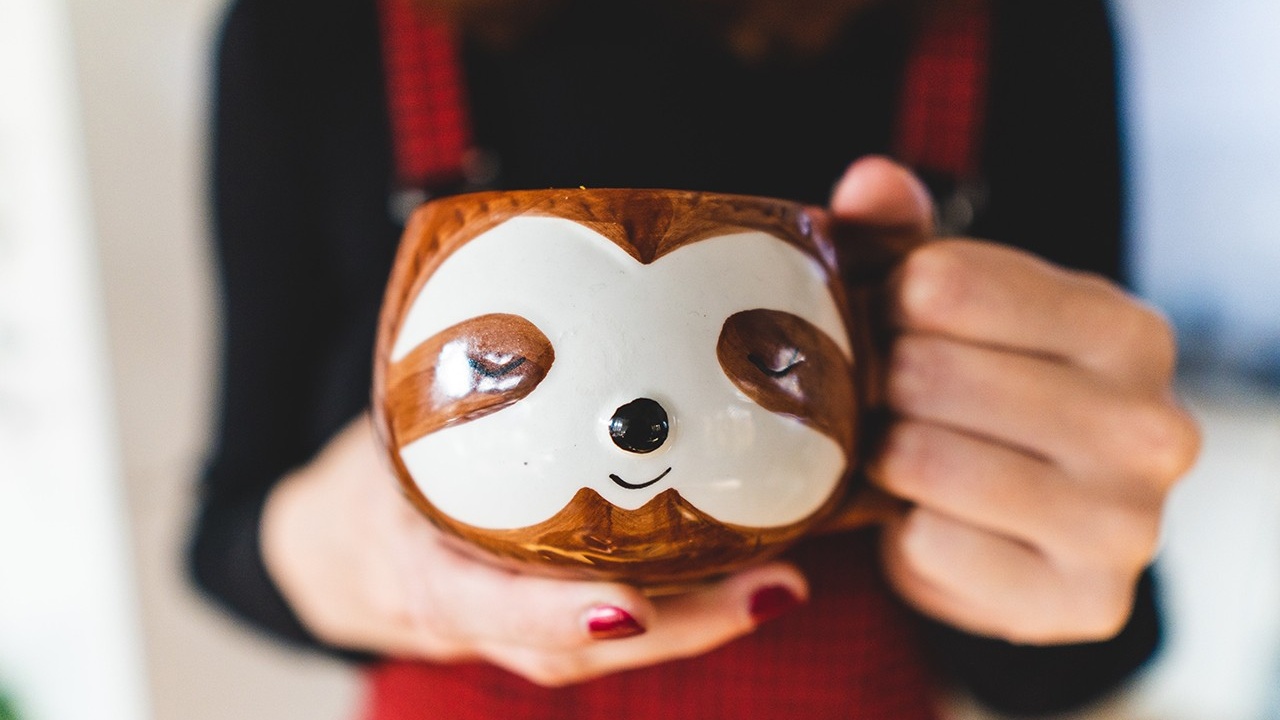 woman holding a sloth mug to remind her to take sloth breaks during her work day