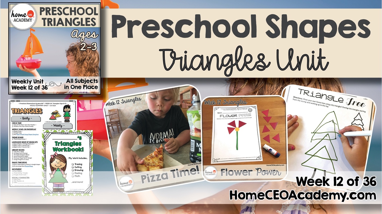 Compilation of images depicting pages and activities in the triangles themed week of the Home CEO Academy preschool homeschool curriculum Shapes Unit. 