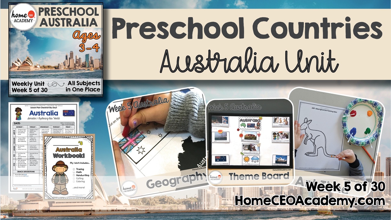 Compilation of images depicting pages and activities in the Australia themed week of the Home CEO Academy preschool homeschool curriculum Countries Unit. 