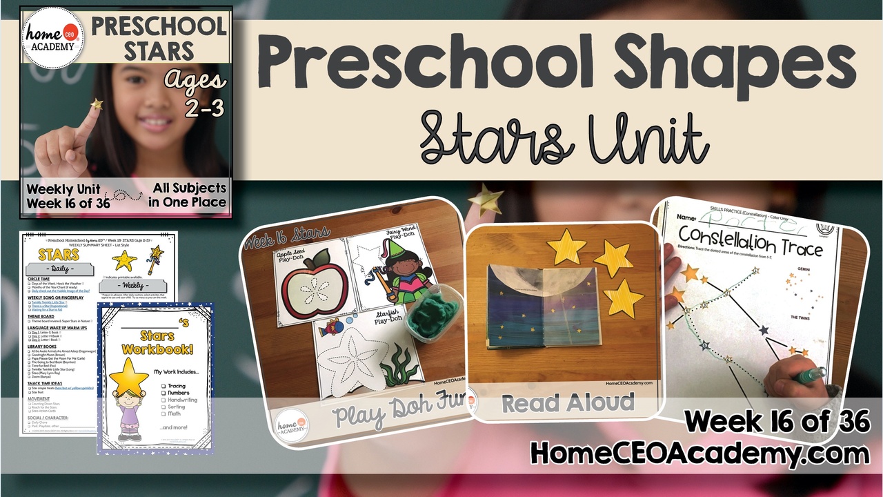 Compilation of images depicting pages and activities in the stars themed week of the Home CEO Academy preschool homeschool curriculum Shapes Unit. 