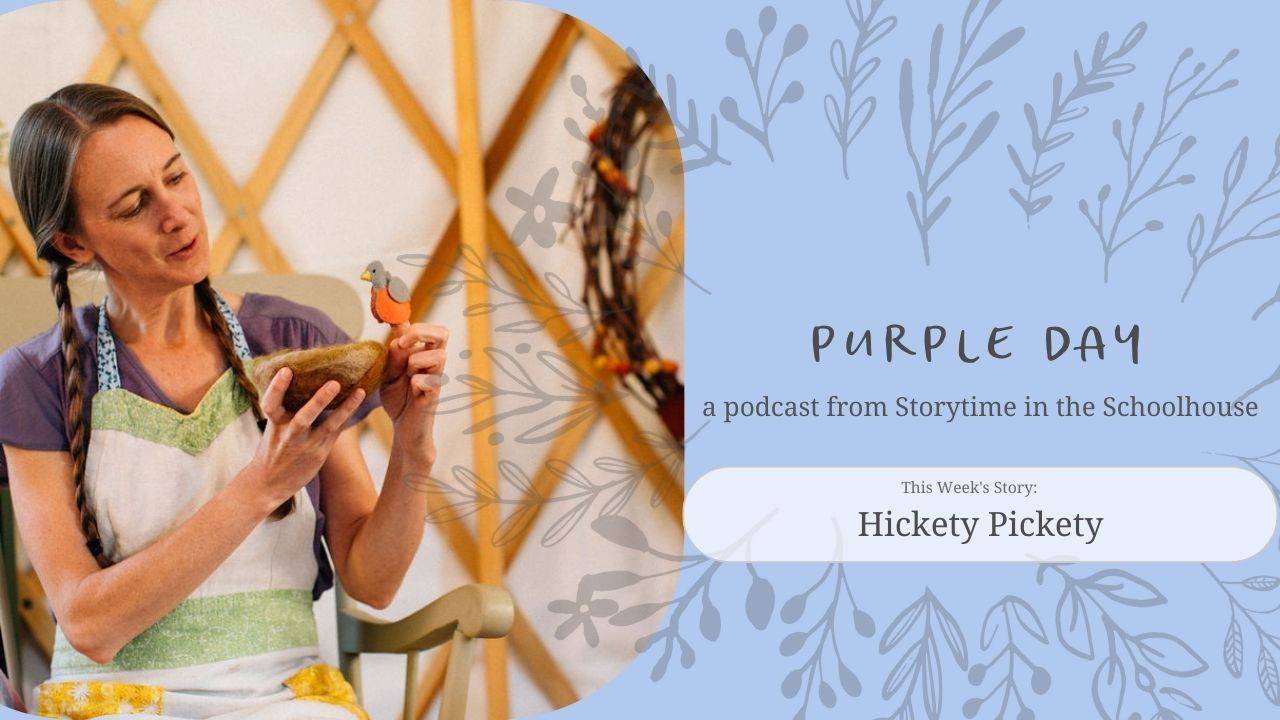 a rectangle with a light purple background. on the left, a white-skinned woman with brown braids. she sits, wearing an apron, and holding a felted bird's nest and felt bird, doing a puppet show. On the right hand side are the words 