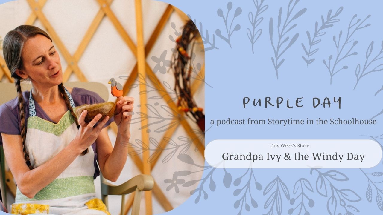 a rectangle with a light purple background. on the left, a white-skinned woman with brown braids. she sits, wearing an apron, and holding a felted bird's nest and felt bird, doing a puppet show. On the right hand side are the words 