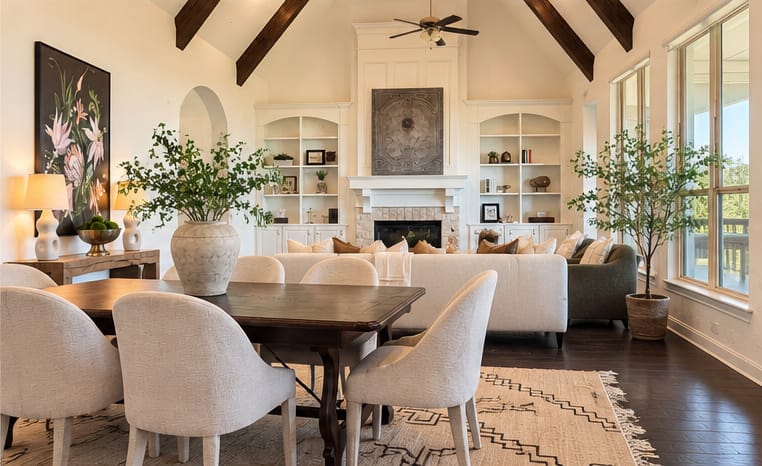 Open-plan dining and living room with vaulted ceilings, exposed wood beams, and a stone fireplace.