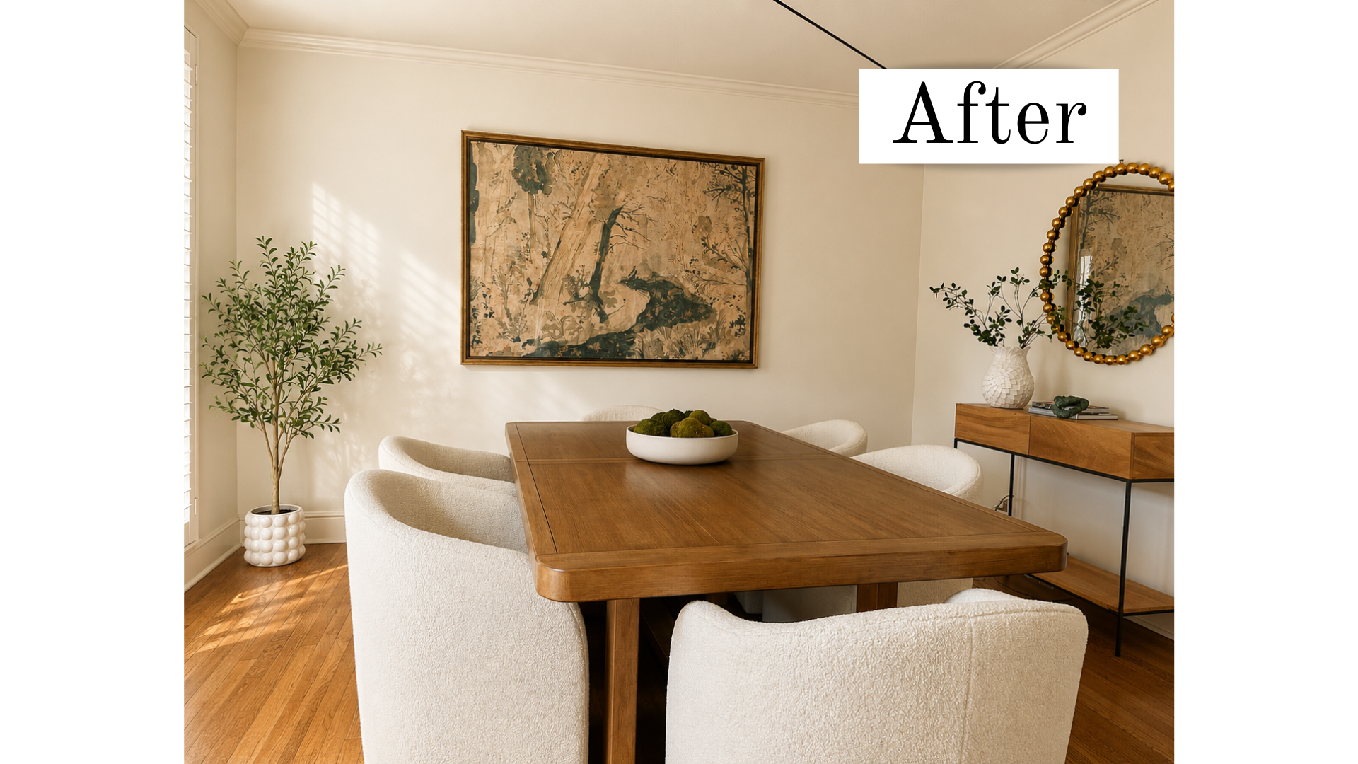 Bright, modern dining room with a wooden dining table, upholstered white chairs, a large framed artwork, a round wall mirror, a wooden console table, and minimal greenery creating a warm, inviting space.