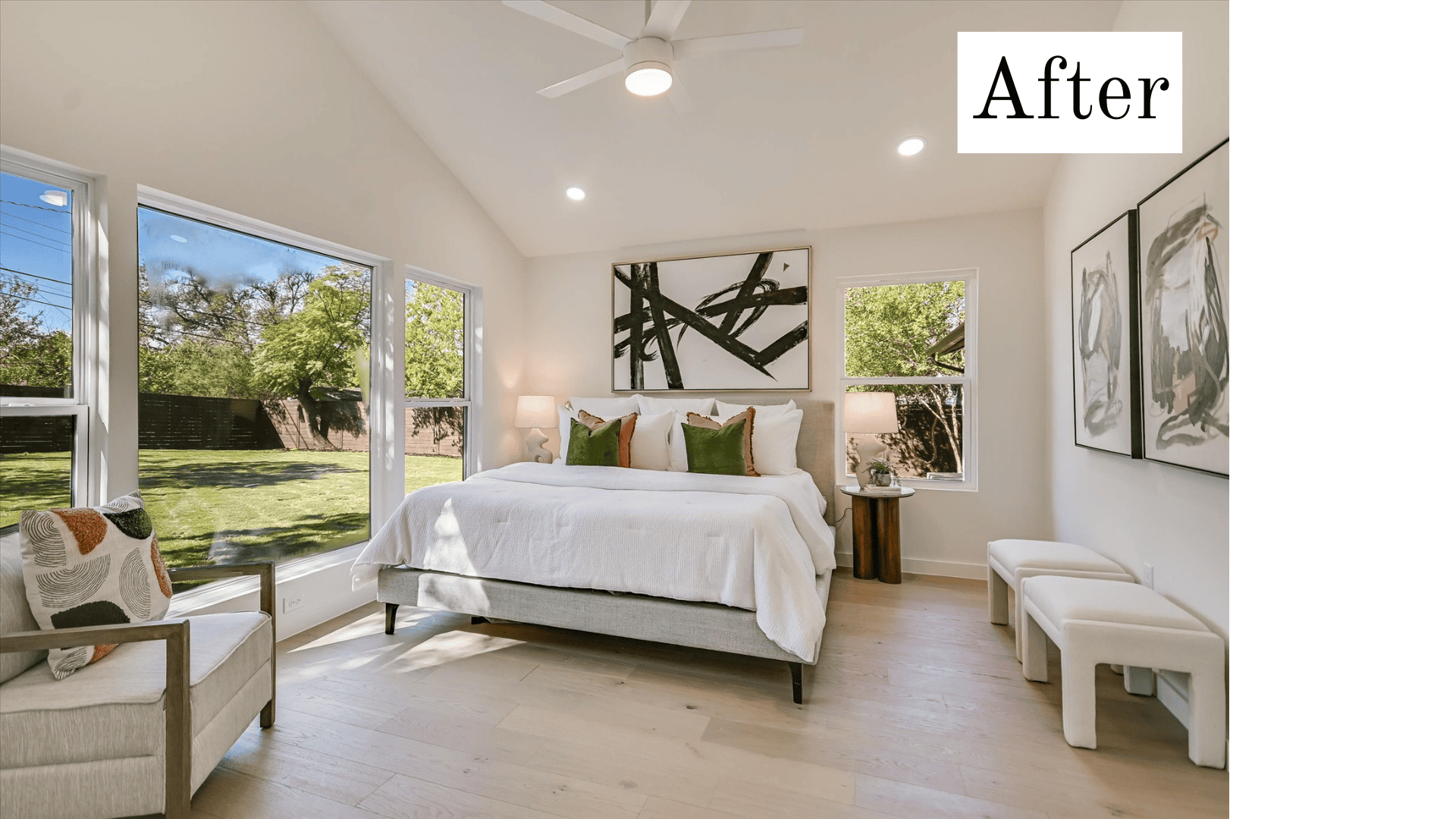 A bright, professionally styled main bedroom labeled 
