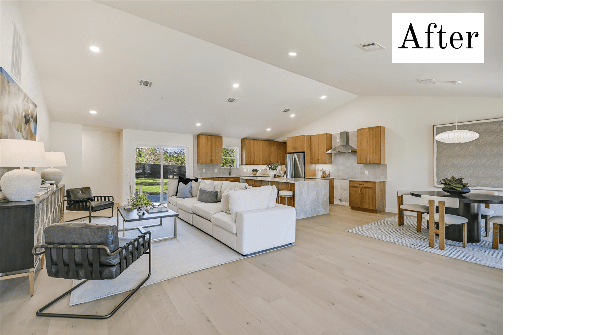 A fully staged, brightly lit open-concept living space labeled 