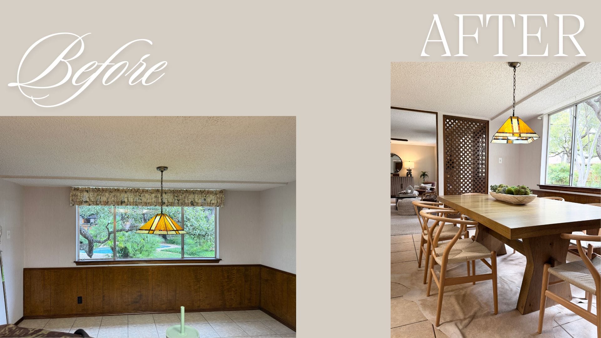 Before and after image of a dining room renovation through staging, showing a dated room with wood paneling and old light fixture contrasted with a warm, modern dining space featuring a wood table, natural textures, and open sightlines.