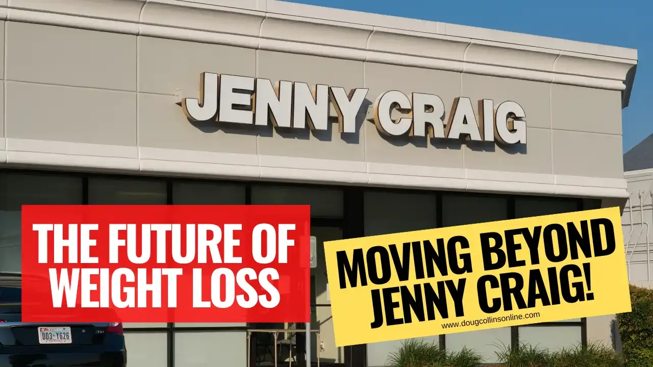 Exterior view of a Jenny Craig weight loss clinic building with a parking lot. The text overlay reads 'The Future of Weight Loss: Moving Beyond Jenny Craig