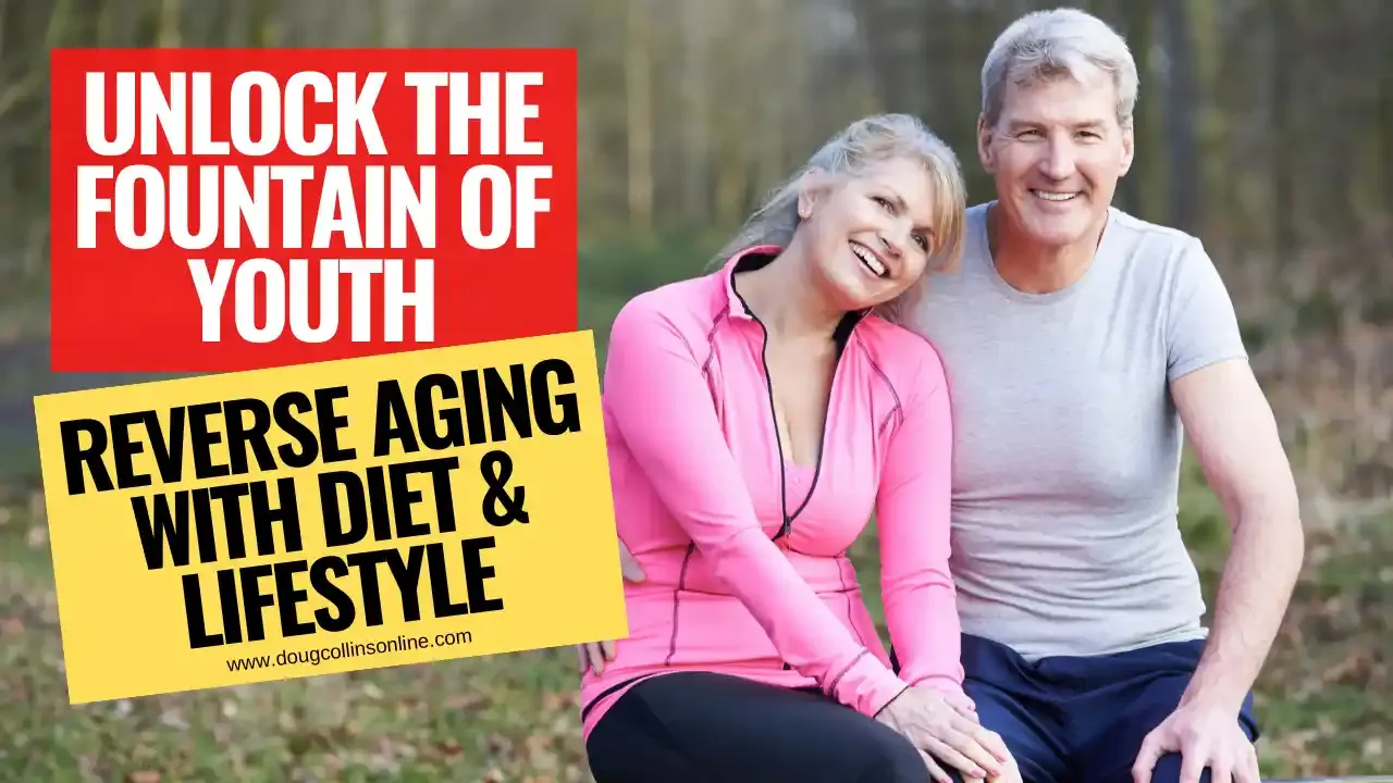 A portrait of a mature couple enjoying outdoor exercise in the countryside. The image features the couple engaged in physical activities, radiating vitality and energy. The text overlay reads, 'Unlock the Fountain of Youth: Reverse Biological Age with Diet and Lifestyle Changes'