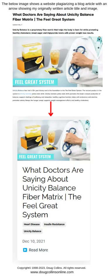 Image showing a website plagiarizing my blog article titled 'What Doctors Are Saying About Unicity Balance Fiber Matrix | The Feel Great System' with an arrow pointing to the original title and image.