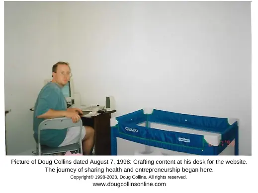 Picture of Doug Collins dated August 7, 1998: Crafting content at his desk for the website. The journey of sharing health and entrepreneurship began here.