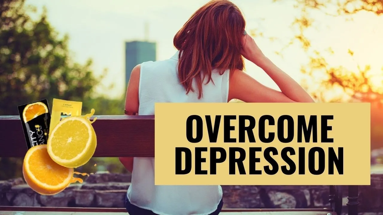 Depressed woman sitting on bench, holding head. Unimate and Balance packages & an orange signify flavor. Overcoming depression with Feel Great System.