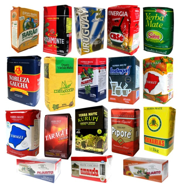 image of the varieties of yerba mate products. Yerba mate is grown in Argentina, Paraguay, and Uruguay, and each country has their own styles and qualities of yerba mate.