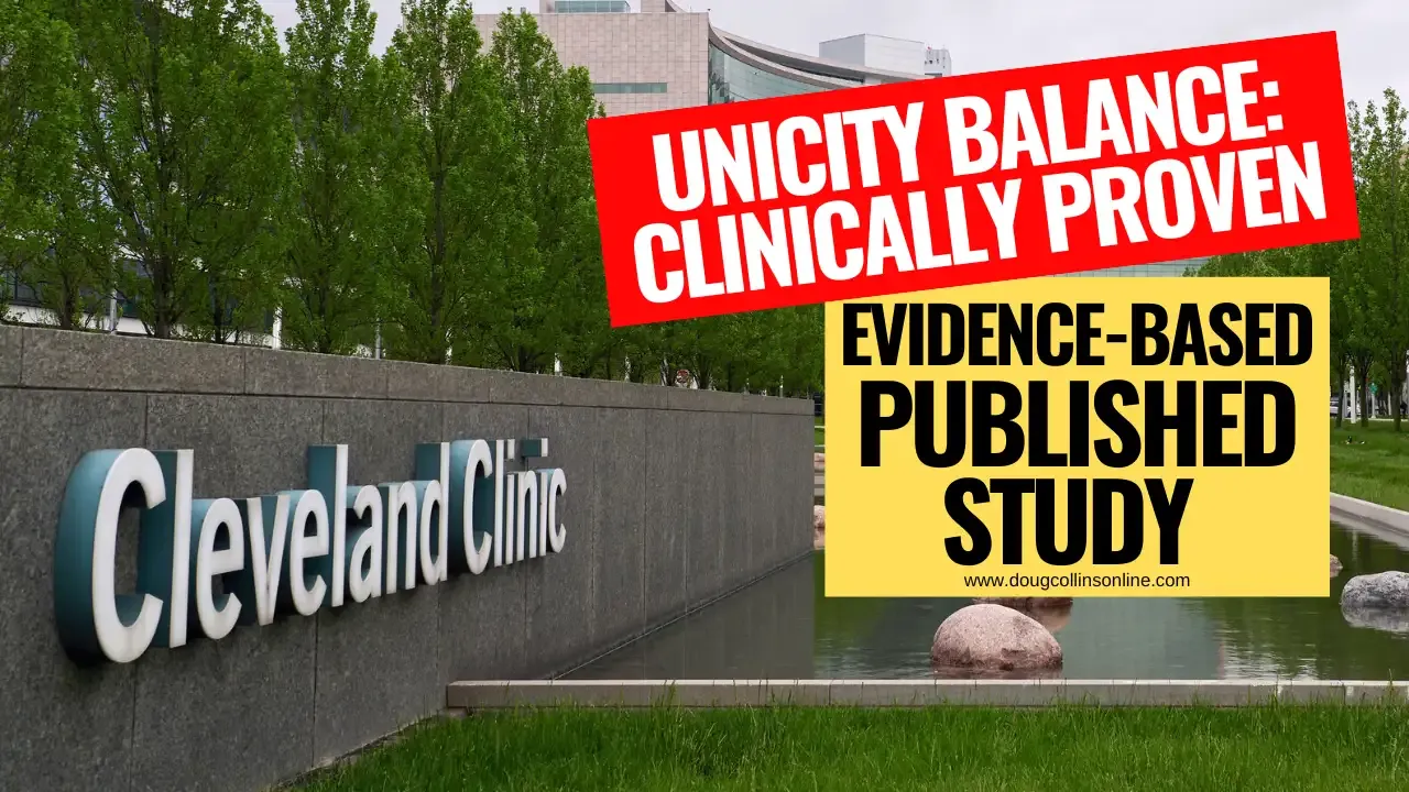 Image of the Cleveland Clinic sign outside the hospital, with a text overlay stating 'Unicity Balance: Clinically Proven' and 'Evidence-Based Published Study'.