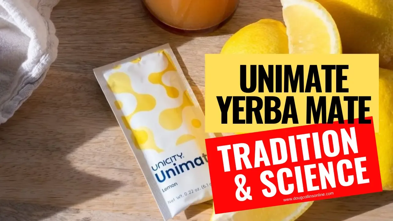 image of a packet of Unimate yerba mate lemon with lemon wedges on the side and the text overlay that says "Unimate Yerba Mate: Tradition & Science"