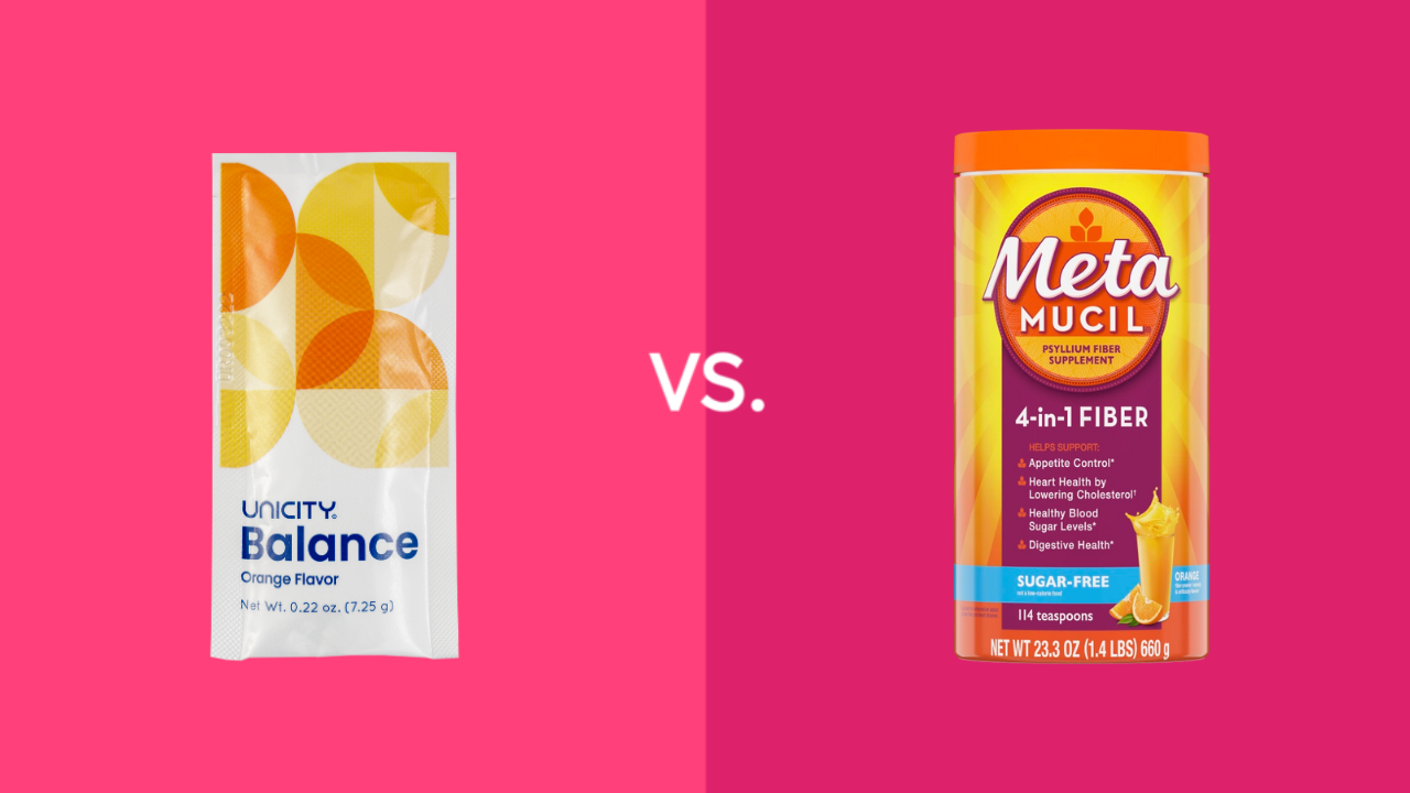 Comparison of Unicity Balance and Metamucil fiber supplements on a vibrant pink background, showcasing their packaging and flavor varieties.