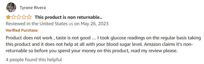 Screen capture of an Amazon review for Feel Great products with comment 'not returnable need support'